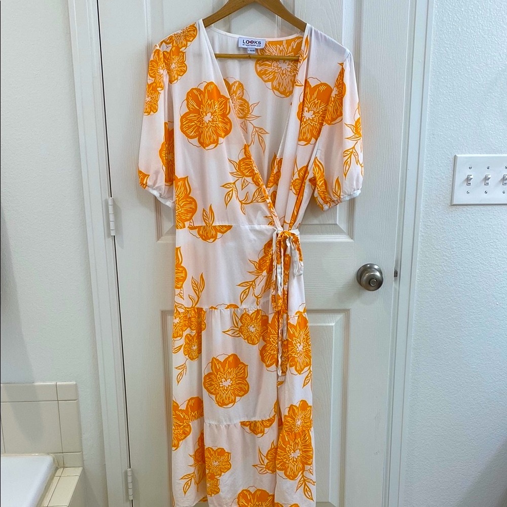 White and Orange Floral Wrap Dress